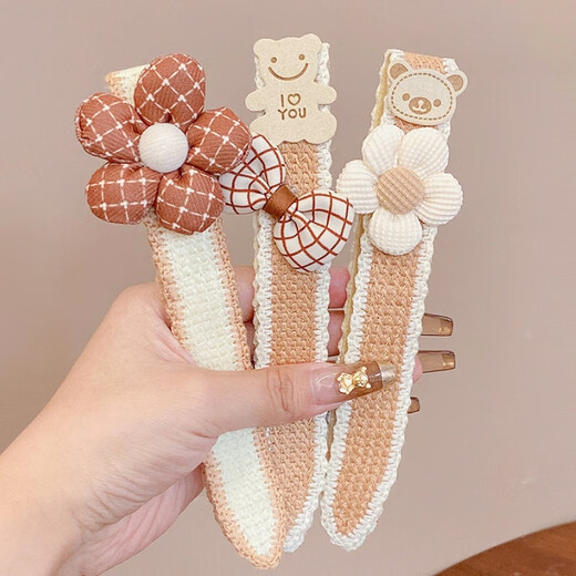 Early (ZAOJI) children's Velcro headband, hairband, female hairpin, hairpin, broken hair artifact, baby bangs, flower internet celebrity, dark brown plaid, three-piece set