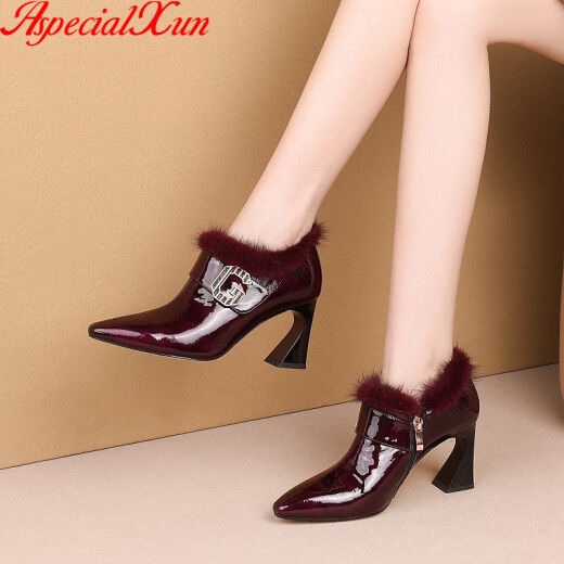 AspecialXun Hong Kong's big-name genuine leather and nude boots for women 2020 autumn and winter new plus plush fur single shoes French high heels large size women's boots 40-43 burgundy velvet lining 36