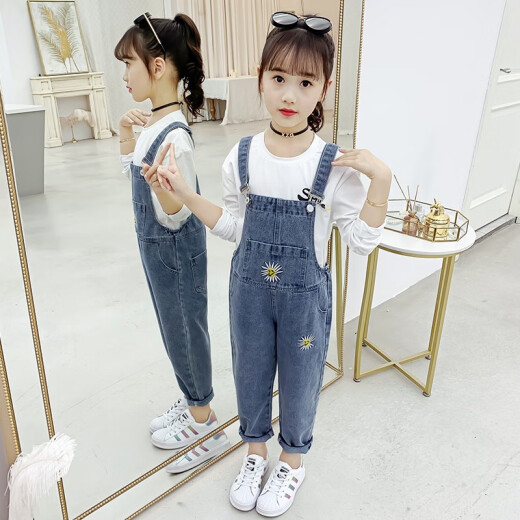 Girls' Denim Overalls Spring and Autumn 2020 Korean Style Internet Celebrity Jeans Sidiyu Medium and Large Children's Loose Western Style Overalls Two-piece Set White 130