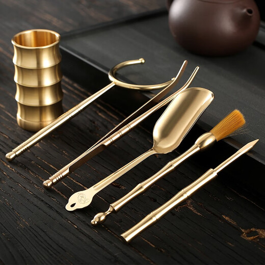 Gold inlaid jade household brass tea needle tea knife tea clip washer pot pen kung fu tea set accessories H59 brass bamboo joint tea ceremony six gentlemen