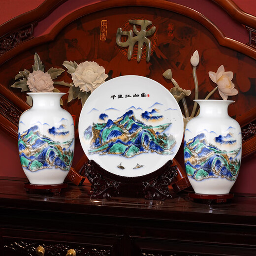 Dingqi Ceramics Jingdezhen Handmade Pastel Lucky Lucky Head Three-piece Set Vase Decorative Ornaments Home Living Room TV Cabinet Wine Cabinet Classic Lucky Lucky Head Three-piece Set + Free Base