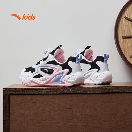 Zapatillas para niñas de anta para niños 2024 botón de mando de cuero de malla de otoño e invierno de otoño e invierno más zapatos de algodón de terciopelo [para niños regulares] negro/blanco/azul/rosa 9904-1 33 tamaños