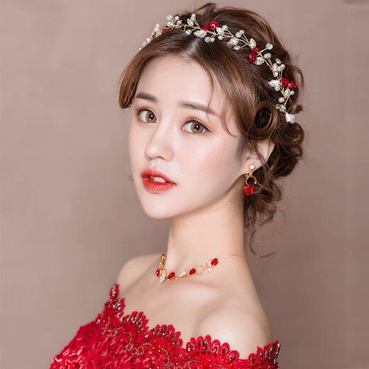 WISHSPACE Bridal Toast Wear and Headwear Three-piece Set Simple Wedding Korean Fairy Red Hair Accessories Forest New Accessories Dress Side Clip Style Six