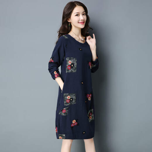 MinanSer Lady Cotton Linen Dress Autumn and Winter 2021 New Plus Size Women's Clothing Women's Spring and Autumn Belly Covering Small Middle-aged Mother Long Sleeve Skirt Navy Blue S