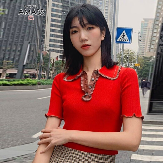 Novel Ama Shizheng Women's Clothing Counter Genuine Official Website 2020 Summer New Polo Collar Slim Knitted Short-Sleeved T-Shirt Women's Red M (3 Sizes)