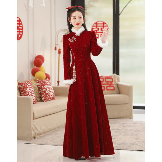 Lanka Roni Cheongsam Toast Wear Bride 2025 New Burgundy Winter Wedding Dress Women's Chinese Style Thick Style Engagement gs768 Burgundy Long Style M