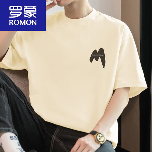 
ROMON (ROMON) 260g American heavyweight T-shirt men's short-sleeved round neck top summer trendy loose cotton half-sleeved T-shirt M09-694 black 2XL 160-180Jin [Jin equals 0.5 kg]