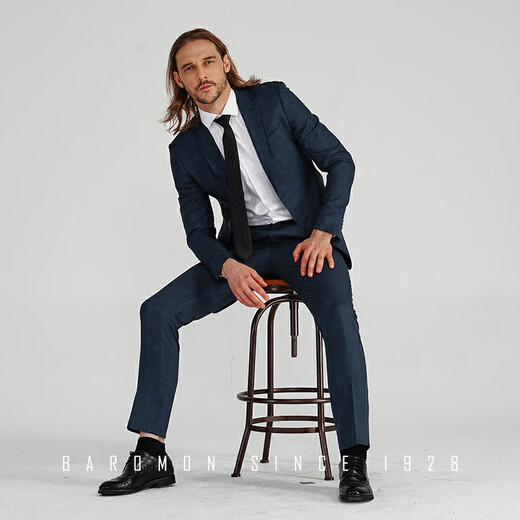 BAROMON anti-wrinkle, no-iron suit, men's slim-fit suit, complete blue plaid business light formal suit, blue 170A, please note the size of the trousers