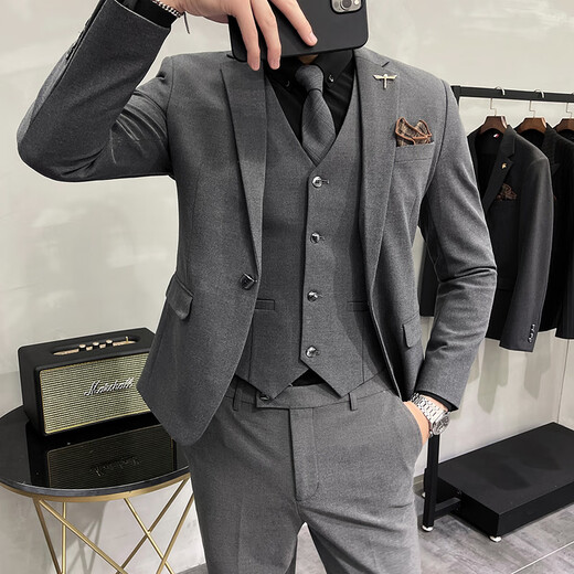 Luo Meng brand light luxury high-end suit suit men's plus size solid color suit suit men's three-piece suit groom wedding dress suit groomsmen dark gray suit + vest + trousers L