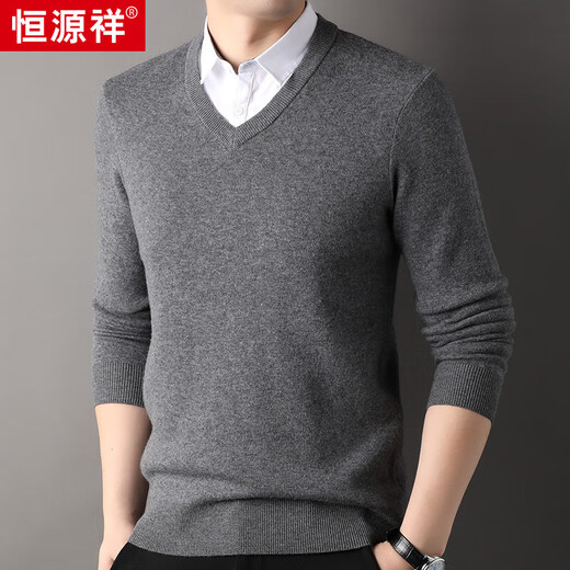 Hengyuanxiang thickened 100% pure wool sweater fake two-piece men's autumn and winter new business casual shirt collar base sweater light khaki L 175/50/110