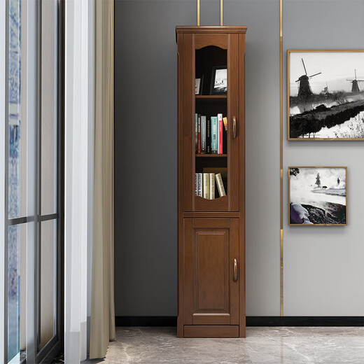 Wu solid wood bookcase wine cabinet with glass door small mini single door side cabinet corner cabinet living room bedroom storage rack storage cabinet walnut color 48x40x195cm
