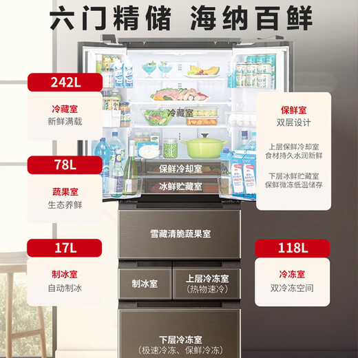 Scharfer original importierter Kühlschrank im japanischen Stil mit sechs Türen, PCI-Reinigung, Ionencluster, Geschmacks- und Frischekonservierung, 455 Liter, kleine Wohnung, ultradünn, großes Fassungsvermögen, variable Frequenz, automatische Eisbereitung der ersten Stufe für den Heimgebrauch SJ-MF46K-DS Yao Shi Silver Nationale Subvention 15 %
