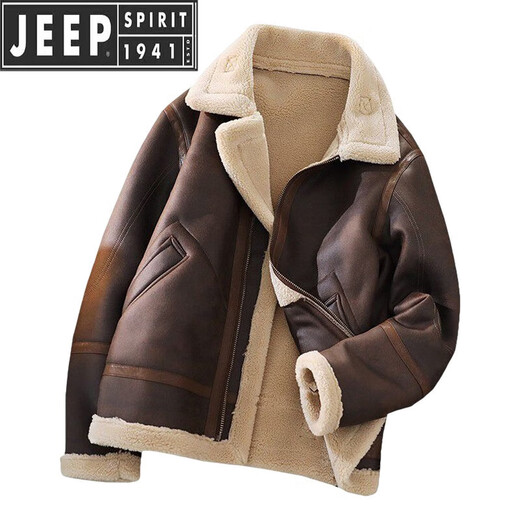 JEEP SPIRIT fur one-piece lambswool jacket men's autumn and winter new velvet thickened leather jacket autumn and winter men's lambswool jacket dark brown M