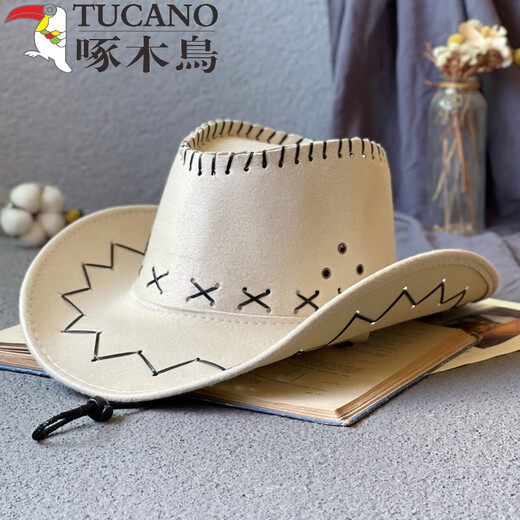 Woodpecker Western Cowboy Hat for Men and Women Spring, Summer and Autumn Outdoor Travel Photo Visor Rider Hat Tibetan Big Brim Jazz Hat Solid Color Cowboy Hat Off-White JSM-040 One Size Suitable for 56-58CM Head Circumference