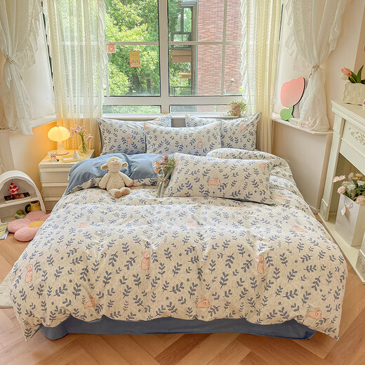 Nanjiren (Nanjiren) 100% cotton brushed bed four-piece set autumn and winter thickened pure cotton bed sheet quilt cover quilt cover sheet home double set Tuzhi [100% cotton brushed thickened] 2.0m bed sheet style 4-piece set - quilt cover 220*240cm