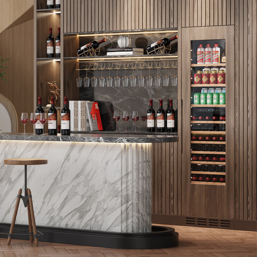 BAIKAILUN seamlessly embedded wine cabinet custom door refrigerator cabinet fully hidden beverage tea cabinet thermostatic cabinet fully embedded ice bar thermostatic wine cabinet light luxury home refrigerator multi-function display cabinet first-level energy efficiency | single temperature | ice bar style 150L custom cabinet door