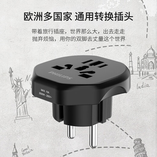 Philips (PHILIPS) multi-country travel socket/European standard conversion plug/socket converter/applicable to Germany, France, Spain, Portugal, Russia, Thailand, and Vietnam
