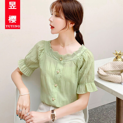 Yuying shirt women's fashion chiffon shirt women's 2020 summer new style petite student puff sleeves Korean style trendy short-sleeved t-shirt short clothes small shirt tops European station shirt women's light green do not take pictures of this size. Please take pictures of your own corresponding size