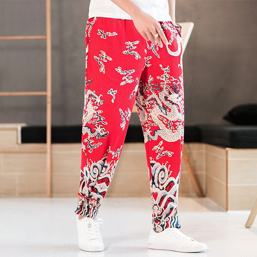 Sr. Guan Estilo chino Lino impreso Lo suelto Harem Harem Harem Retro Algodón Retro Algodón Summer Estilo delgado Mascas informales Long 319 Borgoña XL