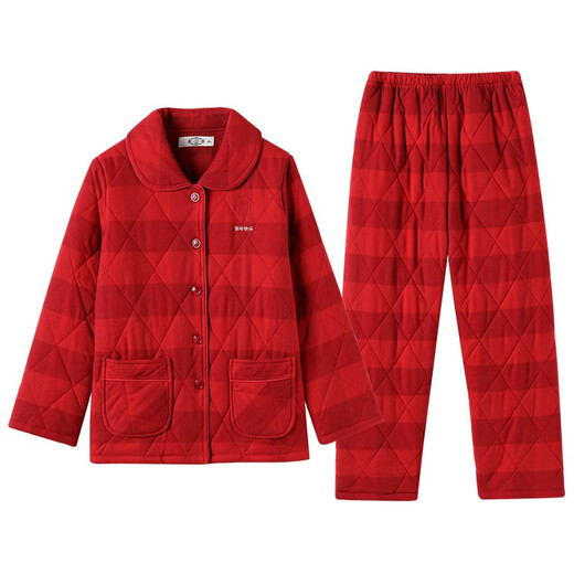 American Standard Mall's same style three-layer thickened cotton couple's pajamas for women, autumn and winter red product, zodiac year, cotton home clothes for men, Chinese red-women's L