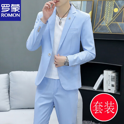 ROMON Korean style casual spring and autumn suit men's slim business formal suit groom handsome British casual small suit men black (three-piece suit - top + pants + T-shirt) L 105-120Jin Jin equals 0.5 kg