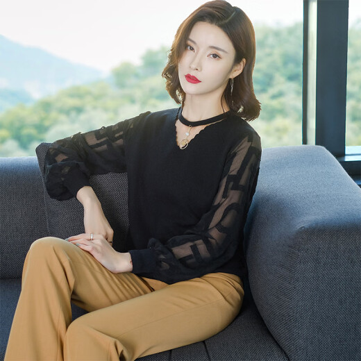 New Spring and Autumn Knitwear Women's Long Sleeve Pullover Loose Bottoming Shirt Thin Sweater Outer Top Women's Trendy 93107 Black XL (Recommended 120-125 Jin [Jin equals 0.5 kg])