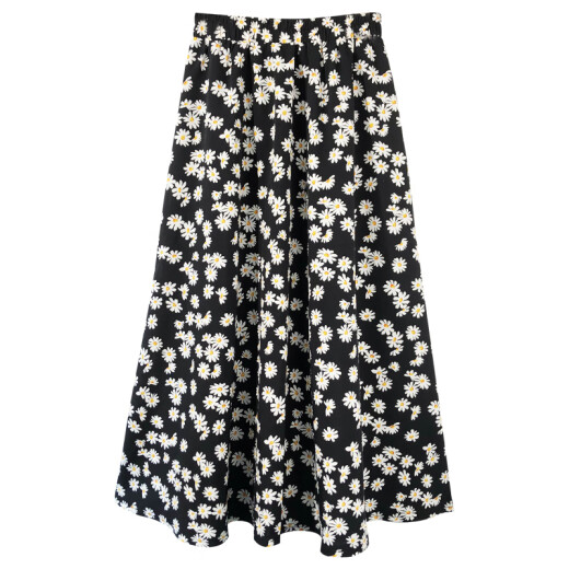 Langsha Skirt Women's Summer High Waist Floral Long Skirt A-Line Mid-Length Black Slim Chiffon Daisy Short Skirt Black - Skirt L (Recommended 85-120 Jin [Jin equals 0.5 kg])