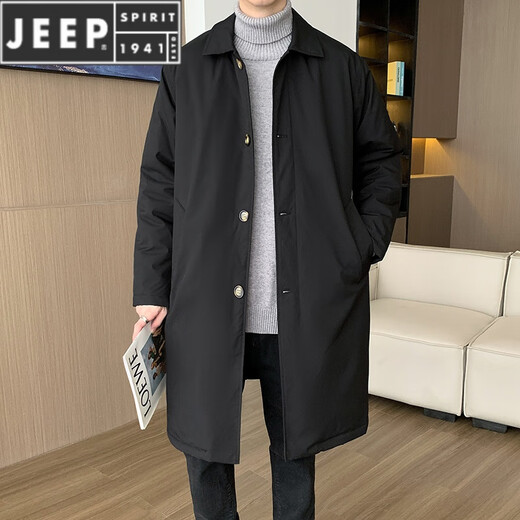 JEEP SPIRIT windbreaker mid-length men's lapel coat single-breasted autumn over-the-knee loose casual versatile tops black 3XL