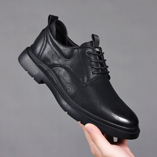 GENAI men's business casual leather shoes, genuine leather breathable work clothes, non-slip chef Martin shoes, Korean style trendy boys' small leather shoes, black genuine cowhide, size 42 (260MM)