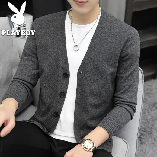 Playboy Autumn Knitted Sweater Men's Sweater Jacket Men's 2020 New Spring and Autumn Thin Outer Wear Korean Style Trendy Casual Tops Sweater Cardigan Men's Clothes Trendy Brand Fashion Men's Clothing M837 Dark Gray XL