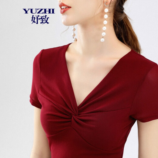 Yuzhi mesh temperament v-neck t-shirt for women 2021 summer red short-sleeved T-shirt half-sleeved shirt women's trendy new product Cheerilee Red S