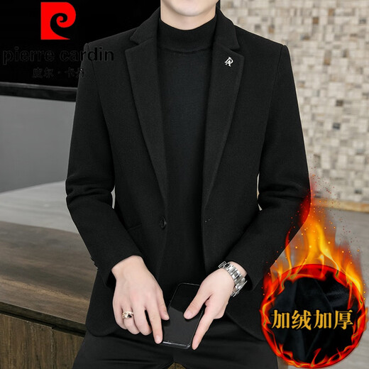 Pierre Cardin 2025 casual suit men's Korean version slim fit plus velvet thickened woolen small suit jacket autumn and winter single Western trendy knitted plus velvet khaki color 3XL