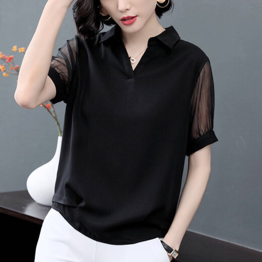 Dai Feiyuan chiffon shirt for women 2020 summer new Korean style black short-sleeved V-neck T-shirt top loose slimming mesh shirt for women D3526 black XL