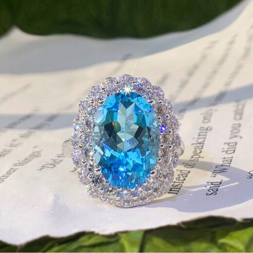 Gepan 9 carat natural topaz set S925 silver pigeon egg ring luxury blue gem pendant women's necklace set (ring + necklace)