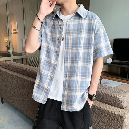 FORTEI short-sleeved shirt men's summer casual trend pure cotton Korean plaid shirt versatile trendy men's loose striped large size five-point shirt men's DXXCS888 blue XL