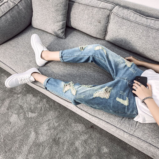 
LANWEIFEILEI Summer 99-point ripped jeans for men Korean style slim beggar's small feet pants trendy men's spring and autumn style men's pants 829 [big ripped] 31