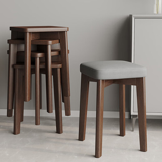 Wooden solid wood stool square stool stackable home dining table chair dressing stool living room small bench internet celebrity bar low stool solid wood walnut color