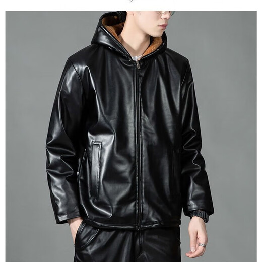 Leather jacket and leather pants suit for men, thickened with velvet, cold and warm, a complete set of work clothes, windproof, oil and waterproof, two-piece set, leather jacket + leather pants (a complete set with thickened velvet), 3XL size (140-150Jin Jin is equal to 0.5kg)