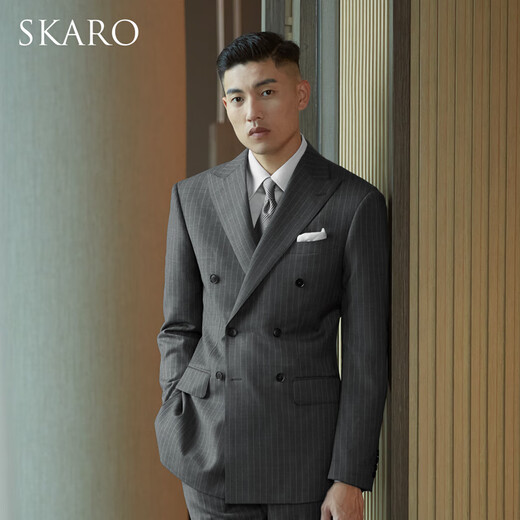 SKARO Australian MERINO wool double-breasted suit suit men's business slim gray striped suit Gray striped SKG1131 size 42 top and trousers size please note