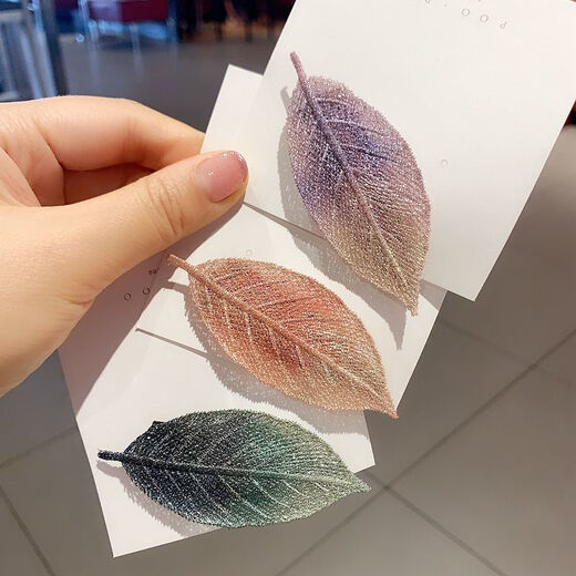 Yanxiang Korean style broken hair clip, fresh girly embroidered leaf bangs clip BB clip, elegant gradient broken hair clip, side clip, leaf style hair clip, 3-piece set