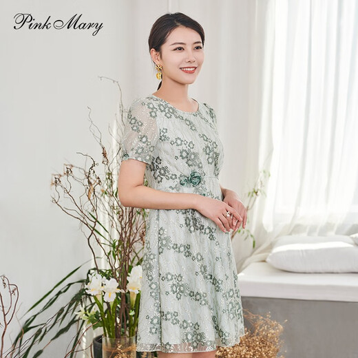 pinkmary pink Mary short-sleeved dress for women, slim waist umbrella lace skirt PMALS5008 light green XS