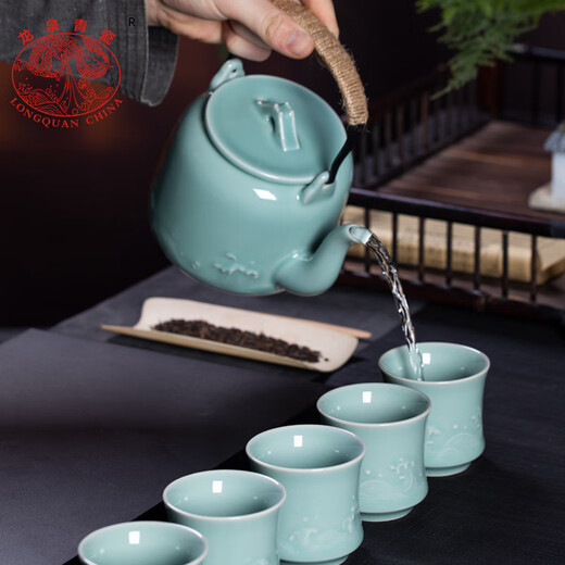 Longquan celadon large-capacity teapot teacup household one pot six-cup ceramic Kung Fu tea set gift box Diyao Tianqing including gift box