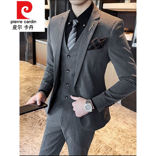 Pierre Cardin suit men's wedding three-piece Korean style casual formal suit jacket male groomsmen groom's dress knitted dark gray four-piece suit (jacket + pants + vest + white shirt) + tie M