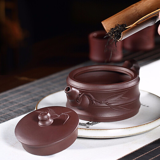 Hidden Pot World Yixing Purple Clay Pot Famous Handmade Teapot Original Mineral Purple Clay Flat Bamboo Pot One Pot Two Cup Teapot Set Purple Clay Style 245ml