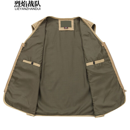 烈焰战队马甲 男士中年秋季多口袋钓鱼马夹背心 中老年休闲95棉带里衬坎肩 105款浅军色马甲 XL （建议体重120-125斤）