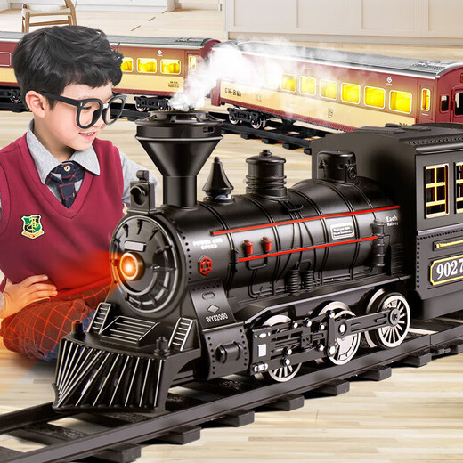 Electric train track car set alloy toy boy simulation children's retro steam train model gift plus size steam train red carriage 2+ carbon car