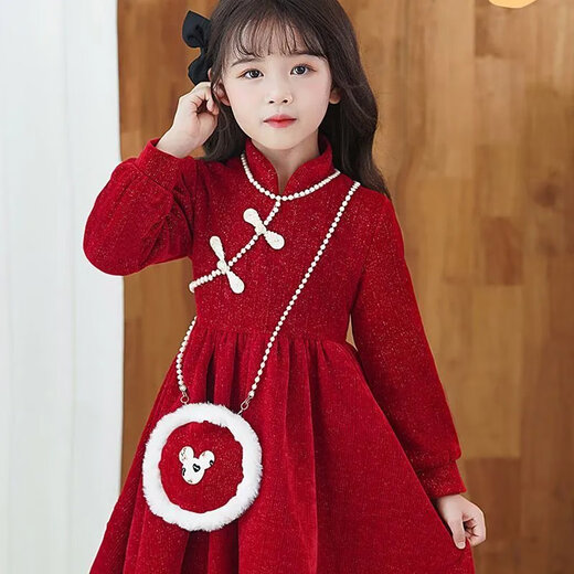 Disney Spring Festival New Year's Wear 26 New Autumn and Winter Girls' Cheongsam Red Dress Velvet New Year's Christmas Gift New Skirt Red Velvet Dress (without bag) 110