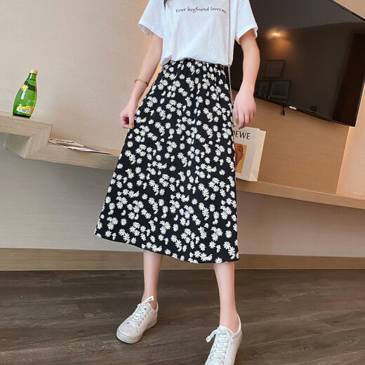Langsha Skirt Women's Summer High Waist Floral Long Skirt A-Line Mid-Length Black Slim Chiffon Daisy Short Skirt Black - Skirt L (Recommended 85-120 Jin [Jin equals 0.5 kg])
