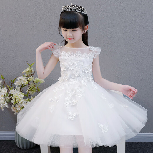Xiaokayi Nong girls princess dress tutu yarn children host evening dress flower girl wedding dress piano performance suit large size autumn white 804B3 short 120cm