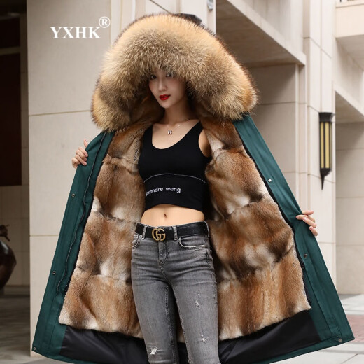 YXHK parka women's long green mink lining mink fur coat slim fit raccoon fur collar new coat dark green shell L recommended 105-120Jin [Jin equals 0.5 kg]